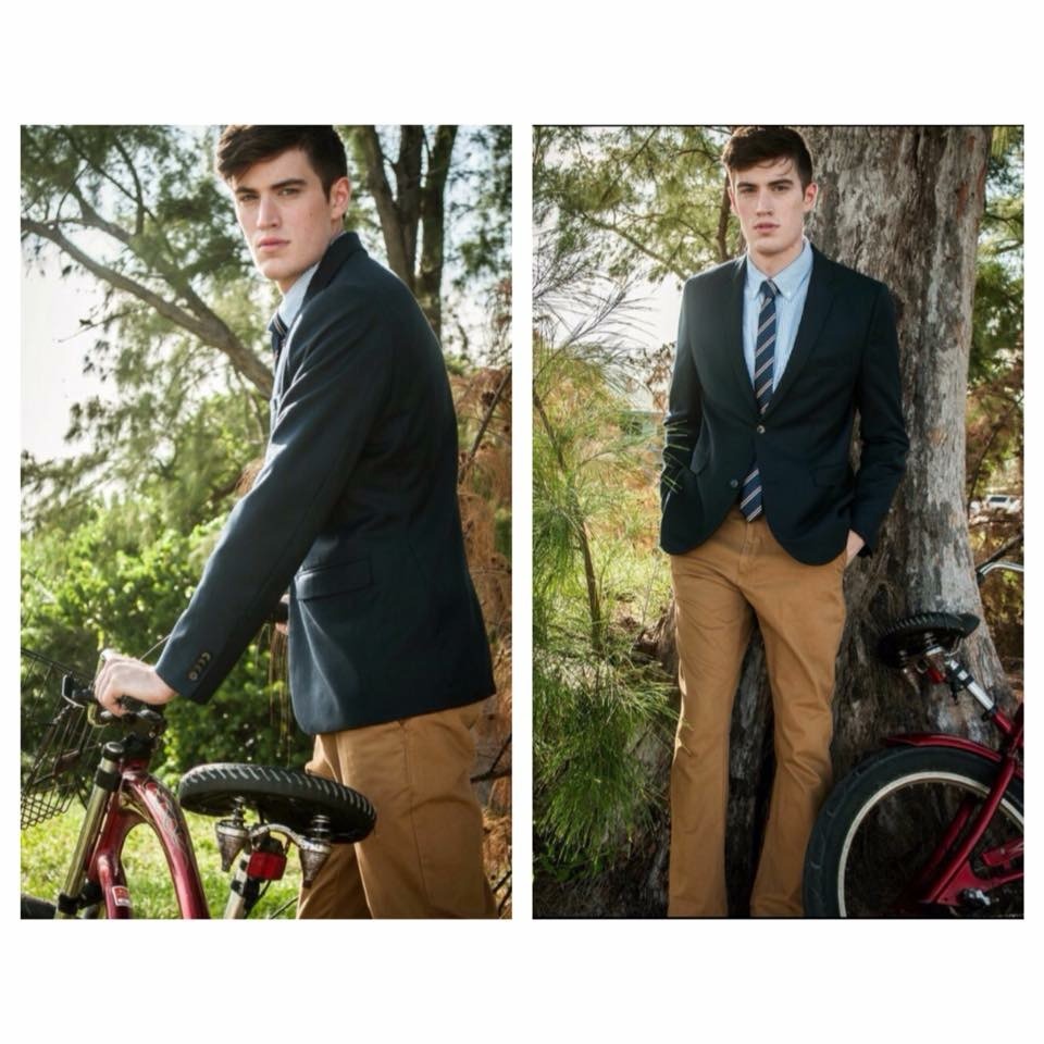 Stephen in a two-image outdoor bicycle fashion editorial