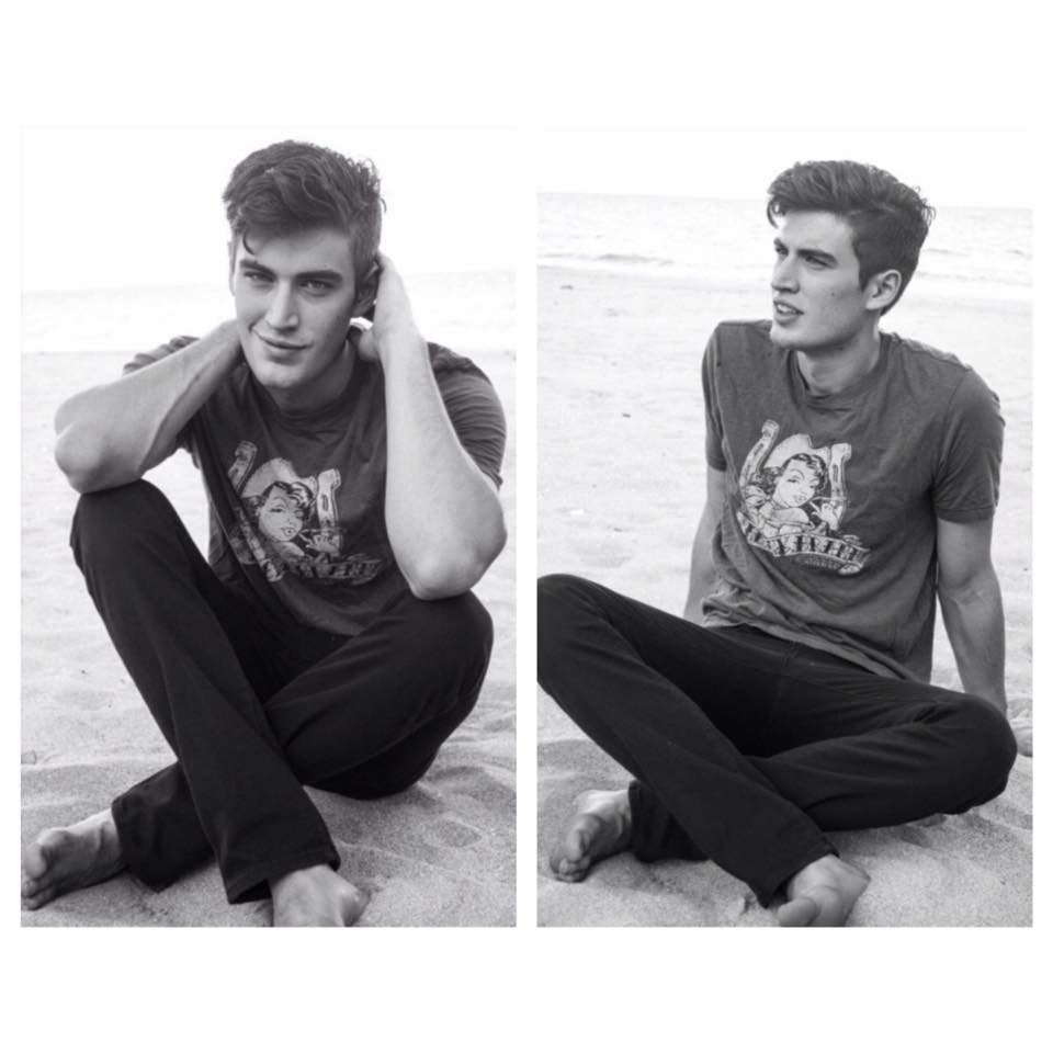 Stephen in a two-image black-and-white seated fashion editorial