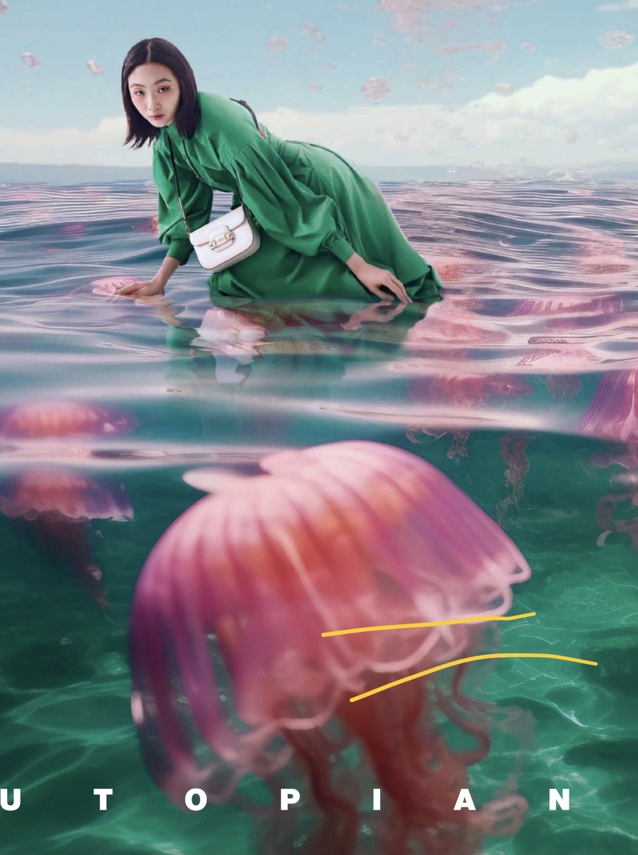 Tian in green within a surreal water landscape