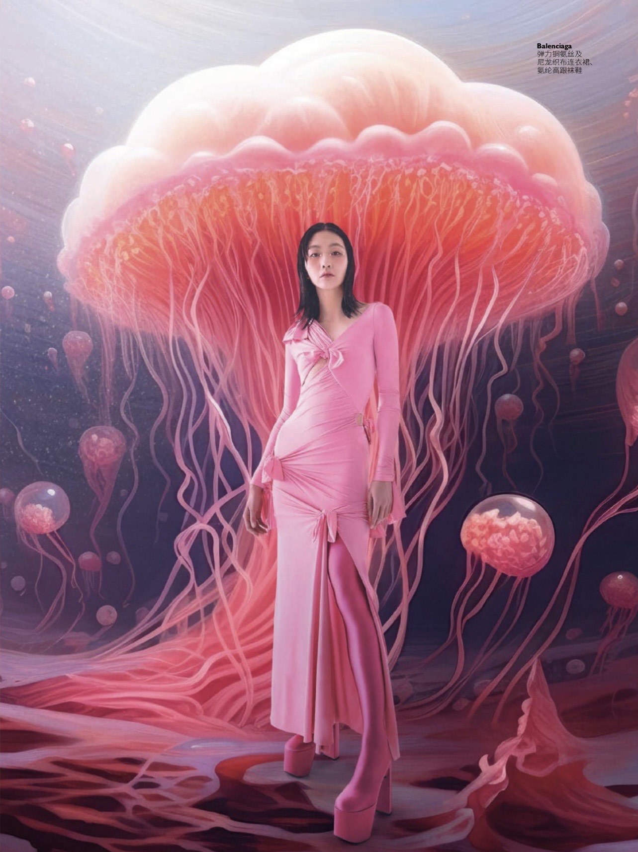 Tian in a pink gown surrounded by surreal jellyfish
