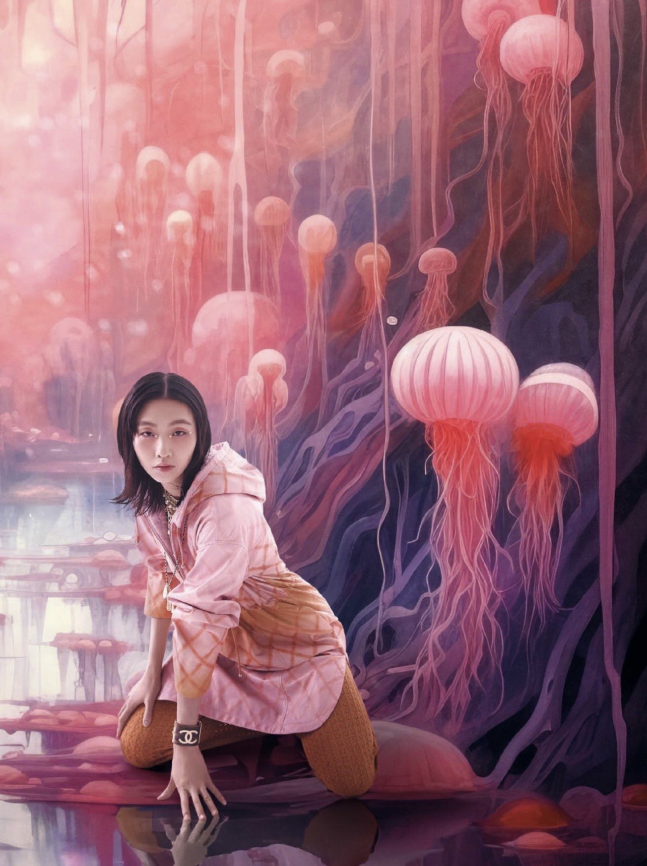 Tian crouched in a pink surreal jellyfish landscape