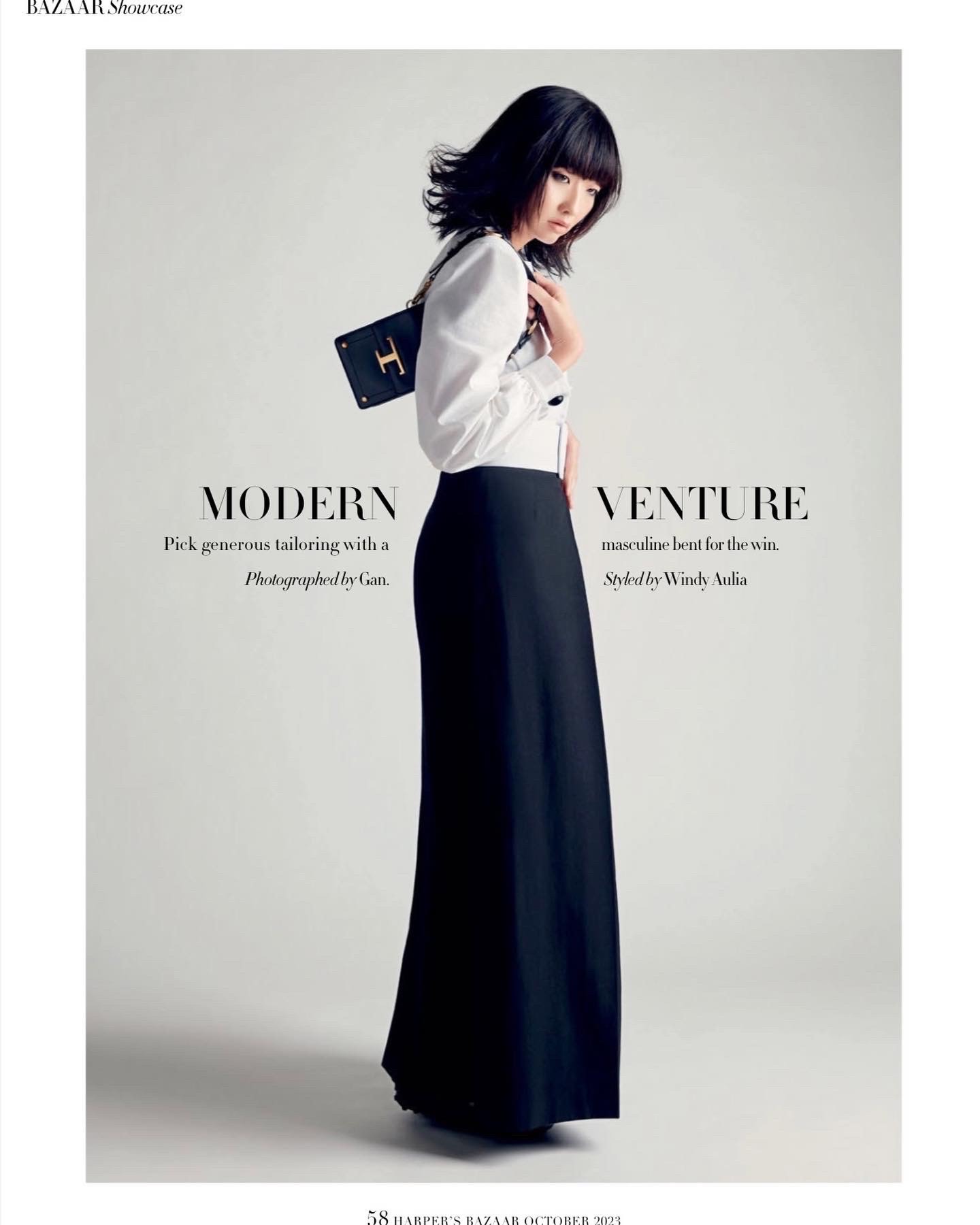 Tian in a full-length monochrome fashion look