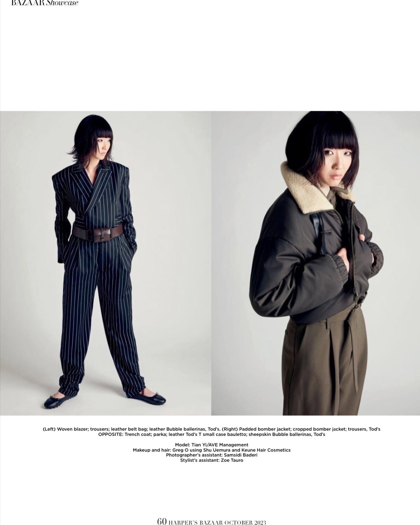 Tian in two tailored dark fashion looks