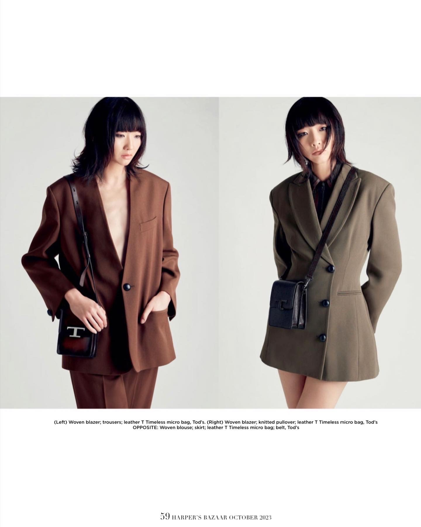 Tian in brown and olive tailored blazer looks